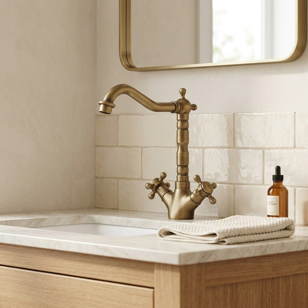 Lagomel single-hole bathroom faucet in antique brass, chrome, matte black, polished gold, two-tone / mixed finish, set in a Traditional/Classic/Vintage/Retro bathroom