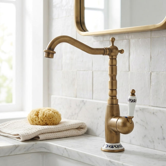 Lagomel single-hole vessel sink faucet in antique brass, set in a Vintage/Retro/Traditional/Classic bathroom