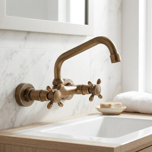 Lagomel wall-mount bathroom faucet in antique brass, set in a Traditional/Classic/Vintage/Retro bathroom