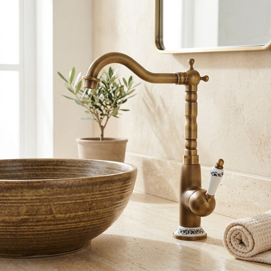 Lagomel single-hole single-handle vessel sink faucet in antique brass, set in a Traditional/Classic/Vintage/Retro bathroom