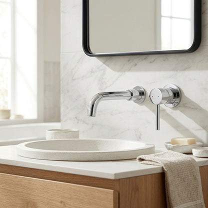 Lagomel single-handle wall-mount bathroom faucet in chrome, matte black, brushed gold, set in a Contemporary bathroom