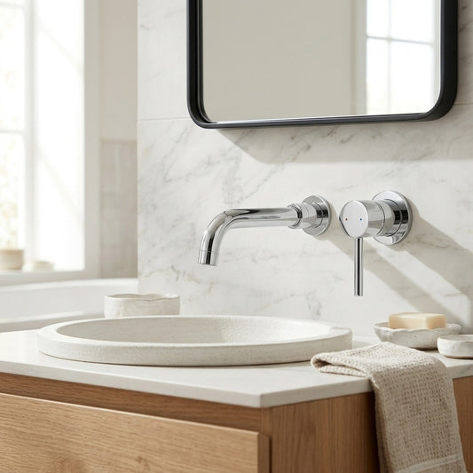 Lagomel single-handle wall-mount bathroom faucet in chrome, matte black, brushed gold, set in a Contemporary bathroom