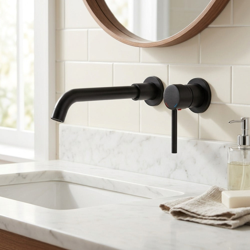 Lagomel single-handle wall-mount bathroom faucet, set in a Modern/Contemporary bathroom