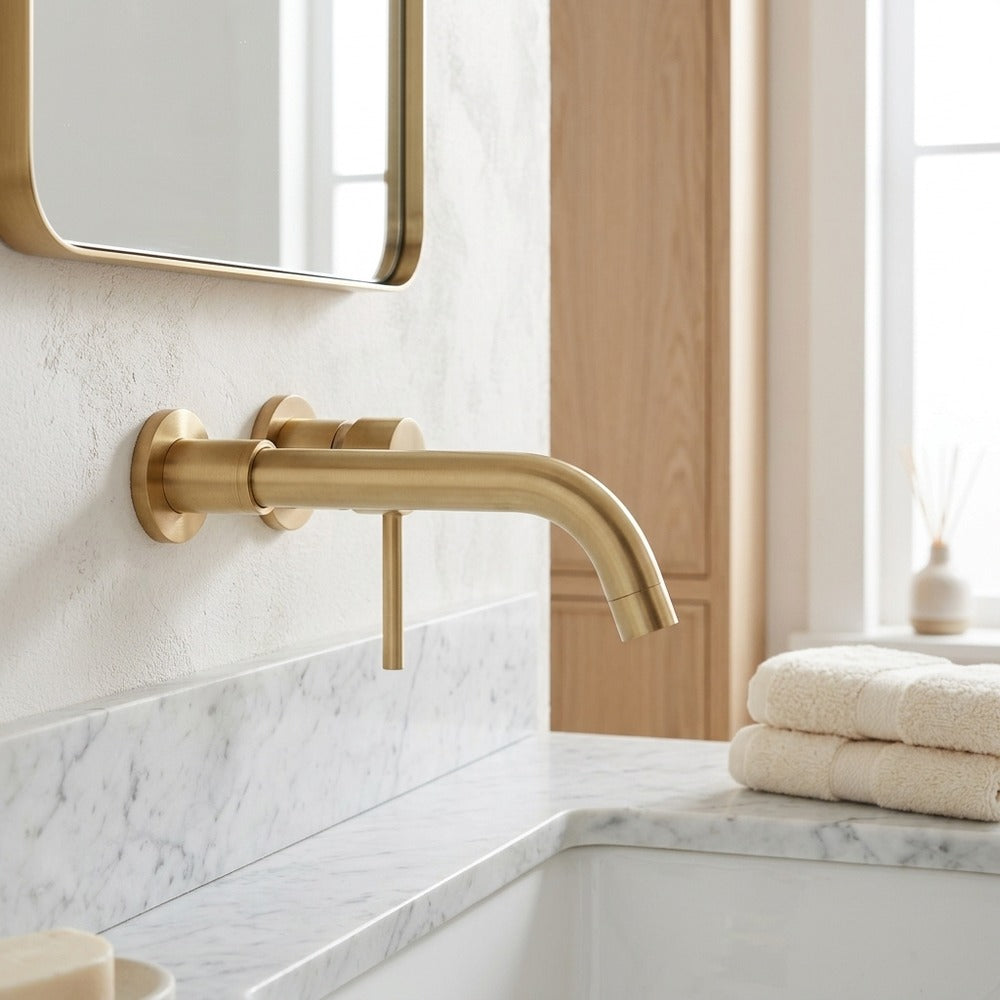 Lagomel single-handle wall-mount bathroom faucet, set in a Modern/Contemporary bathroom