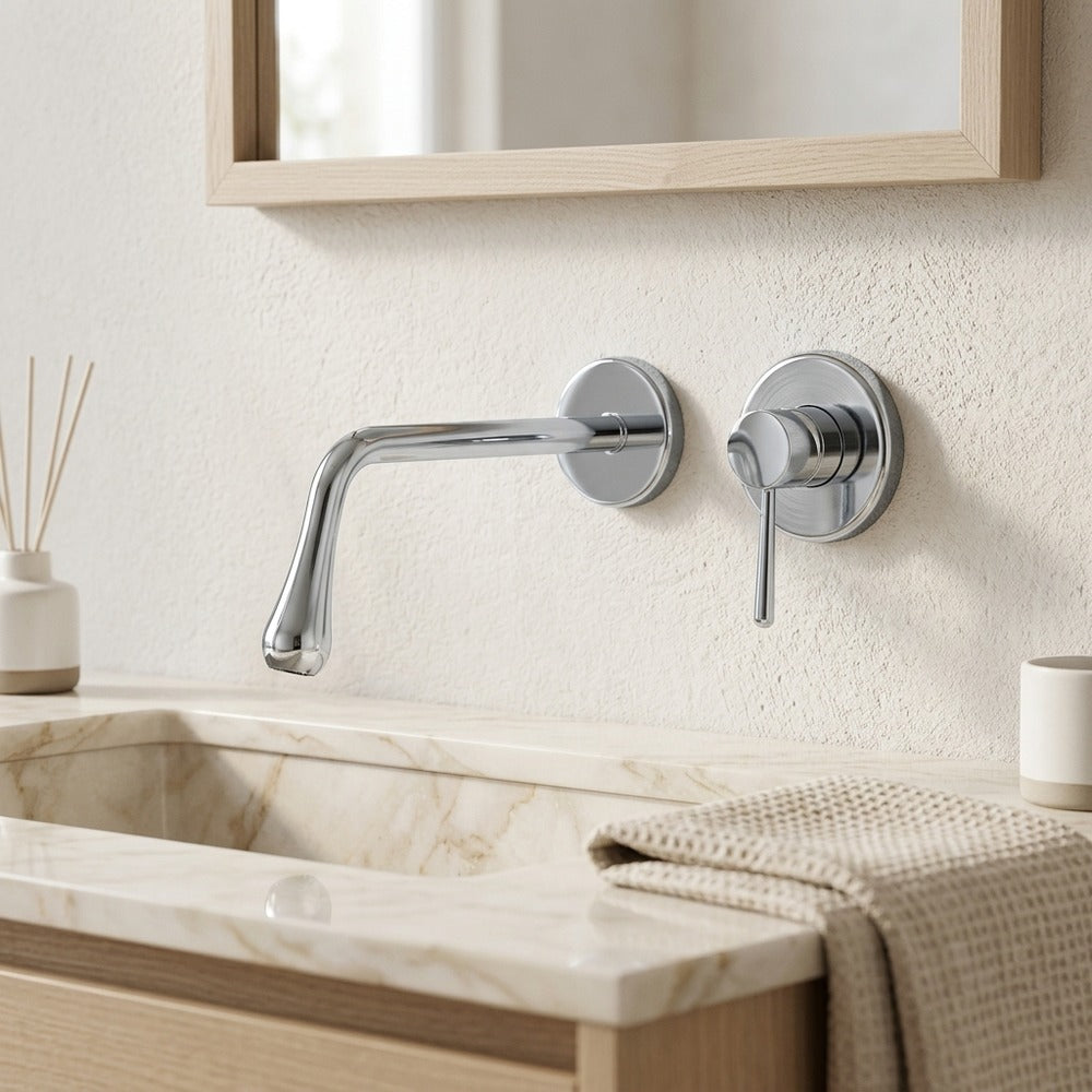 Lagomel single-handle wall-mount bathroom faucet in brushed gold, chrome, gunmetal, matte black, set in a Modern/Contemporary bathroom
