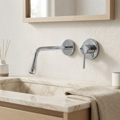 Lagomel single-handle wall-mount bathroom faucet in brushed gold, chrome, gunmetal, matte black, set in a Modern/Contemporary bathroom