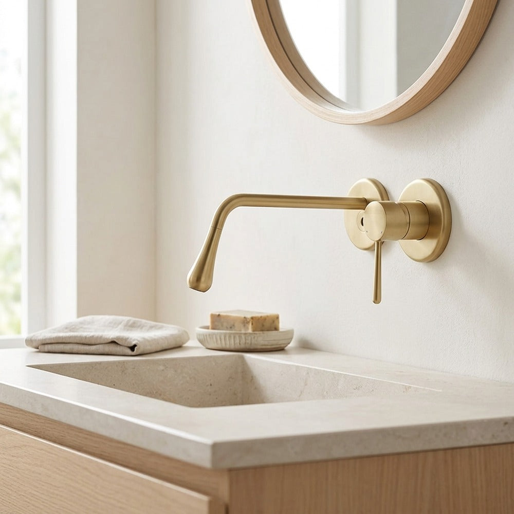 Lagomel single-handle wall-mount bathroom faucet, set in a Modern/Contemporary bathroom