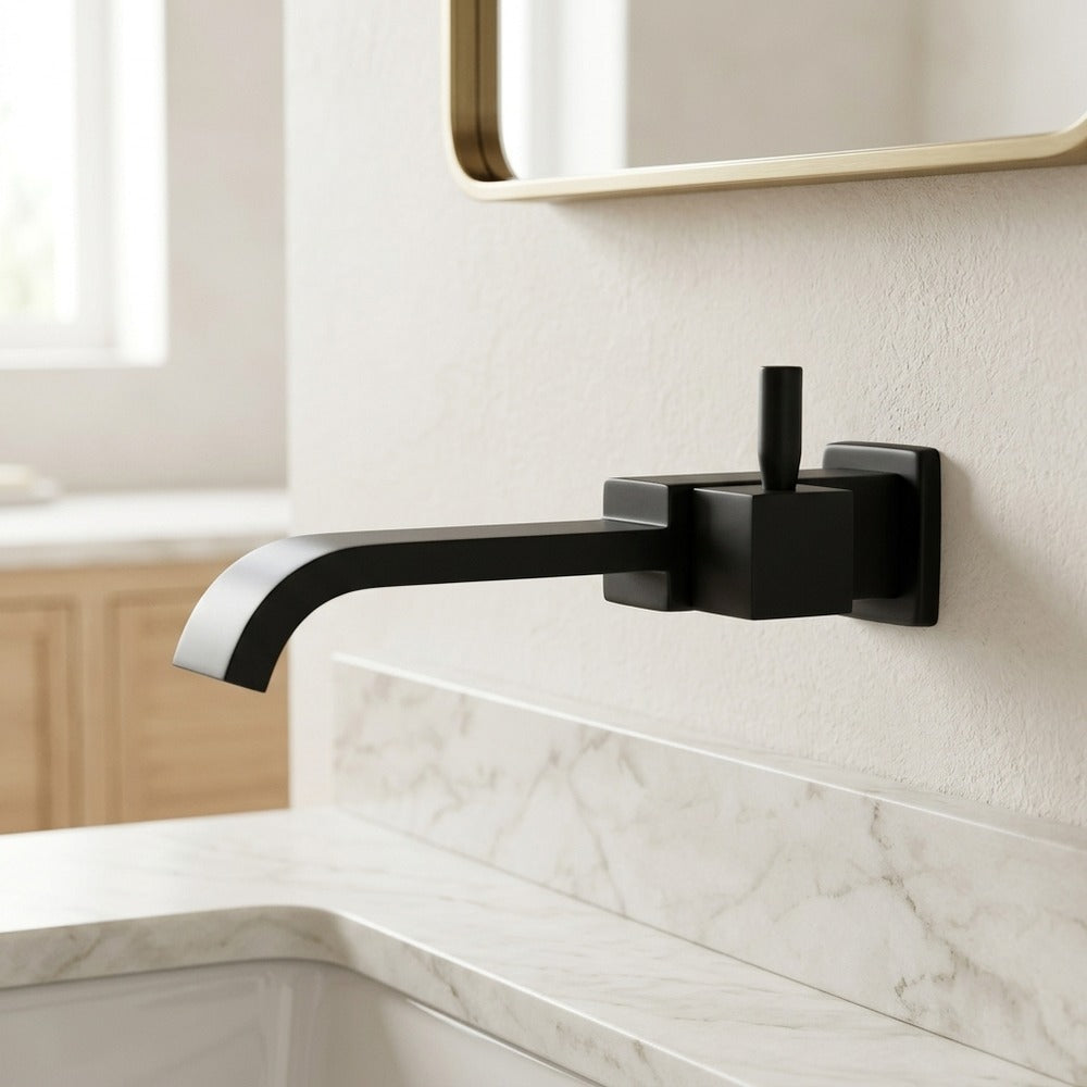 Lagomel waterfall single-handle wall-mount bathroom faucet in matte black, chrome, set in a Modern/Contemporary/Minimalist bathroom
