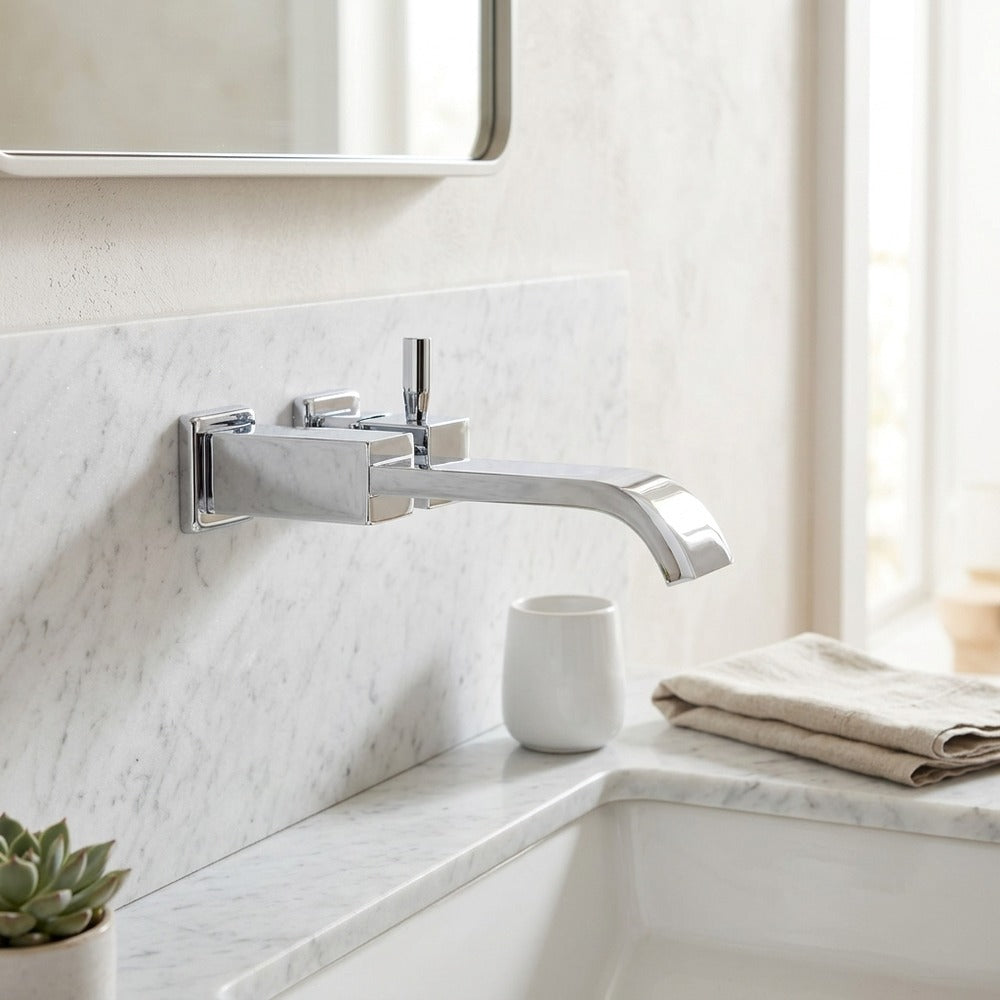 Lagomel waterfall single-handle wall-mount bathroom faucet, set in a Modern/Vintage/Retro bathroom