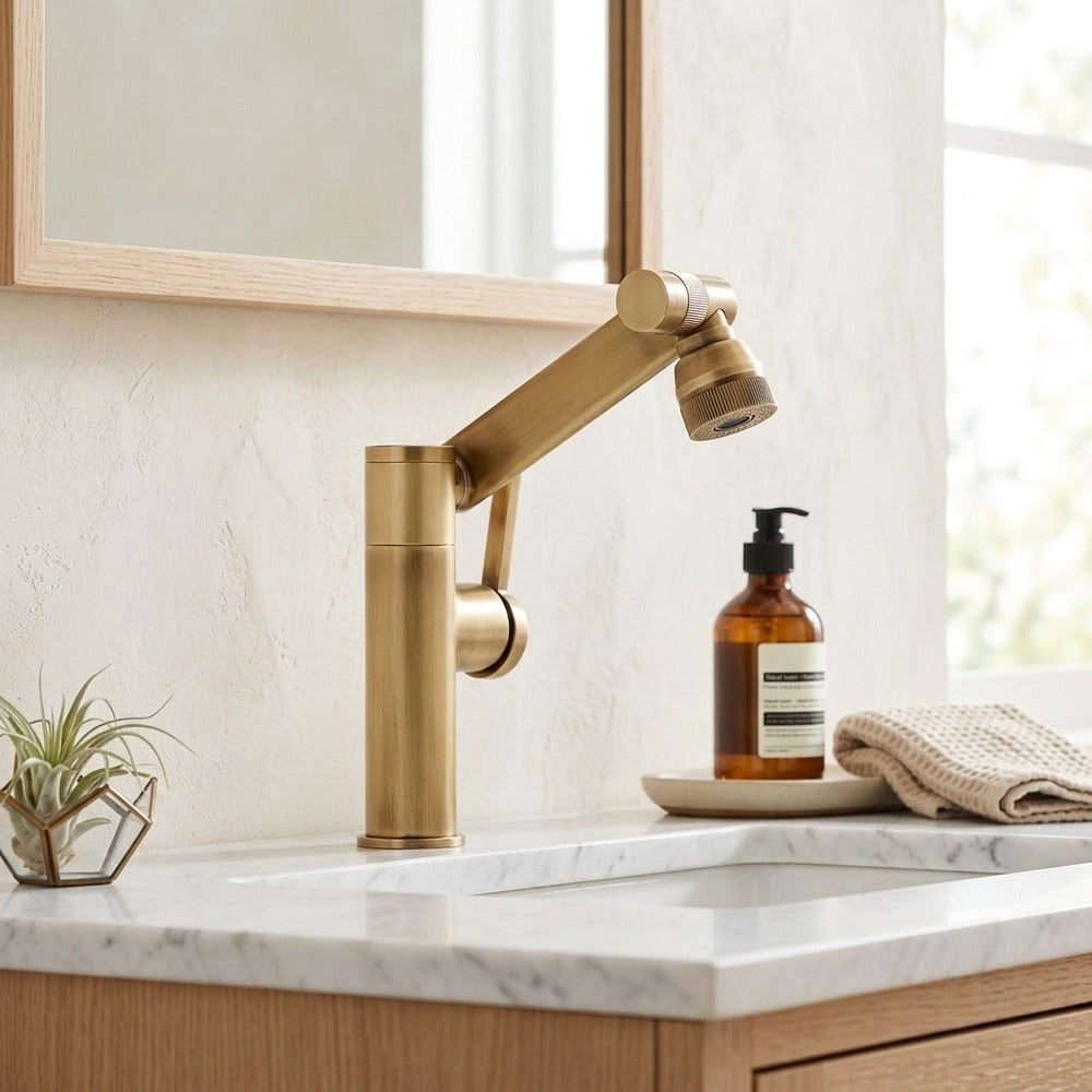 Lagomel single-hole bathroom faucet in antique brass, gunmetal, set in a Modern/Vintage/Retro bathroom