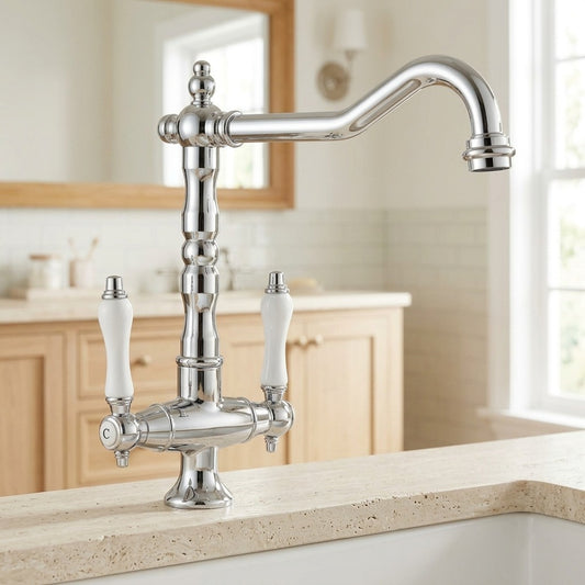 Lagomel two-handle single-hole bathroom faucet in chrome, matte black, antique brass, set in a Traditional/Classic/Vintage/Retro bathroom