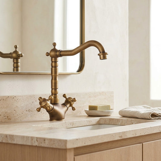 Lagomel single-hole bathroom faucet in antique brass, brushed nickel, set in a Vintage/Retro/Contemporary bathroom