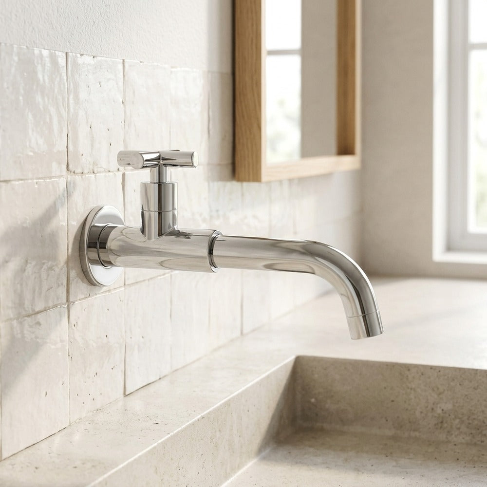 Lagomel single-handle wall-mount bathroom faucet in antique brass, chrome, matte black, polished gold, gunmetal, stainless steel,, set in a Traditional/Classic/Vintage/Retro bathroom