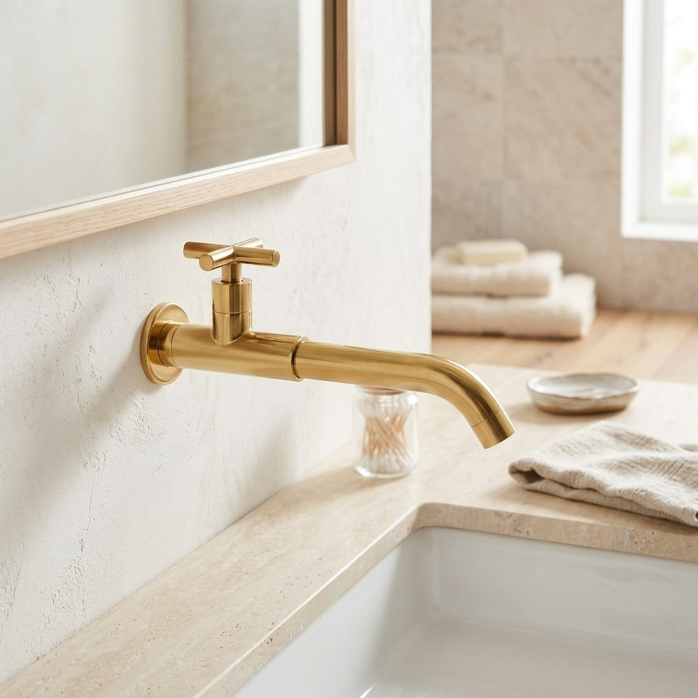 Lagomel single-handle wall-mount bathroom faucet, set in a Modern/Contemporary bathroom