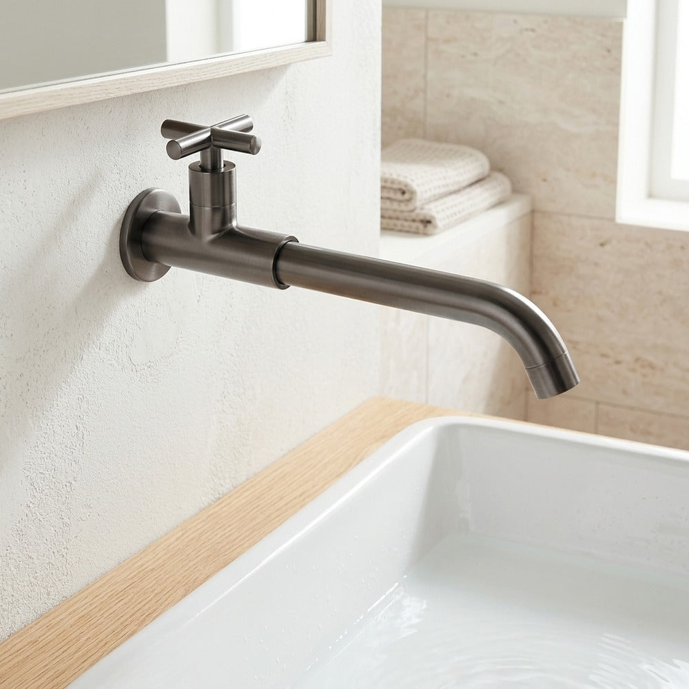Lagomel single-handle wall-mount bathroom faucet, set in a Modern/Contemporary bathroom