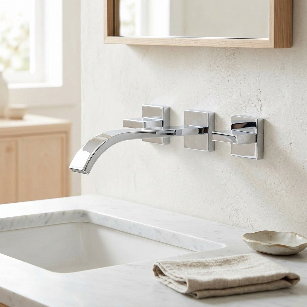 Lagomel waterfall double-handle wall-mount bathroom faucet in chrome, set in a Modern/Contemporary bathroom