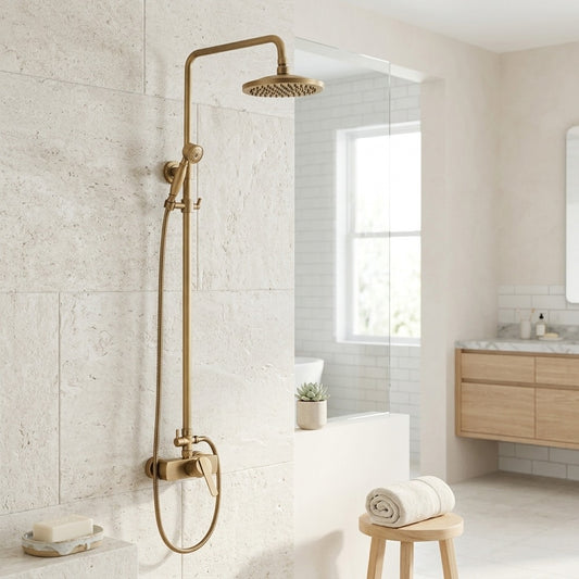 Lagomel wall-mounted single-handle complete shower system in antique brass, set in a Traditional/Classic bathroom