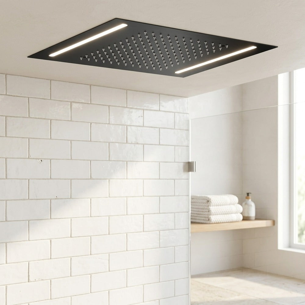 Lagomel rain shower head in matte black, pvd, set in a Modern/Contemporary bathroom