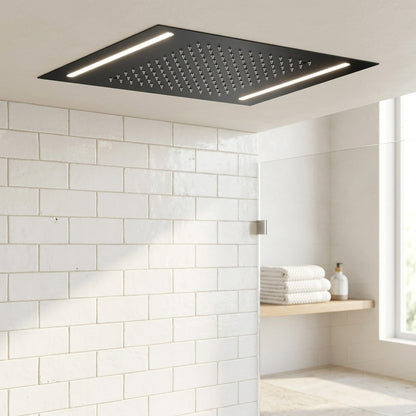 Lagomel rain shower head in matte black, pvd, set in a Modern/Contemporary bathroom