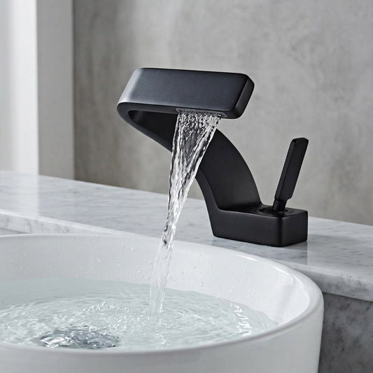 Lagomel vessel sink waterfall single-hole bathroom faucet in matte black, brushed nickel, chrome, brushed gold, rose, set in a Contemporary bathroom