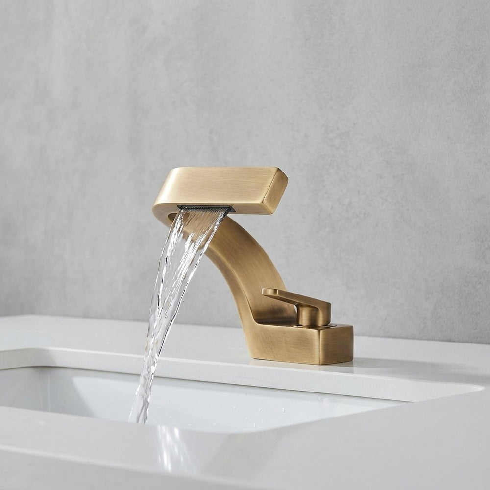 Lagomel vessel sink waterfall single-hole bathroom faucet, set in a Contemporary bathroom