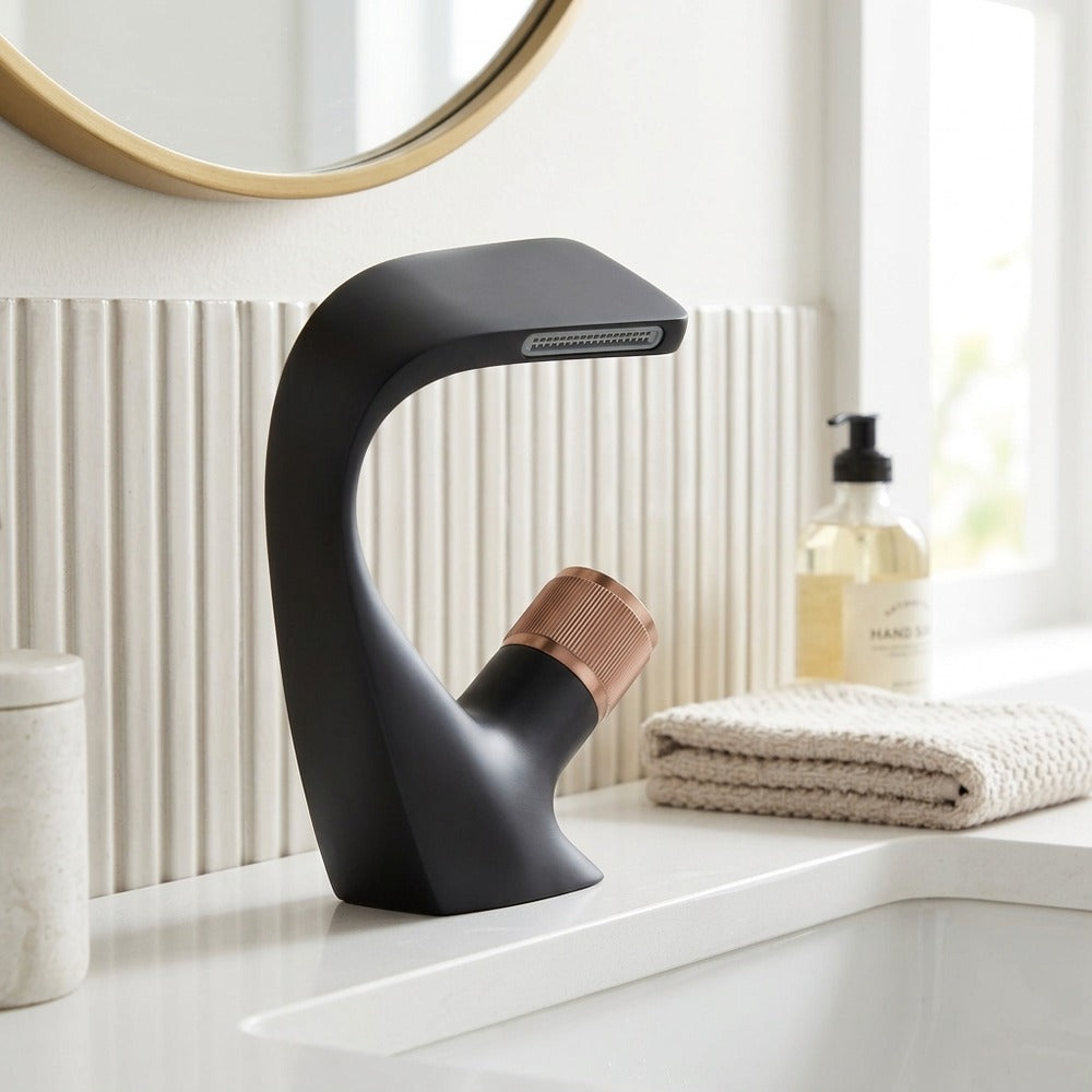 Lagomel waterfall single-hole bathroom faucet in two-tone / mixed finish, matte black, chrome, gunmetal, brushed gold,, set in a Contemporary bathroom