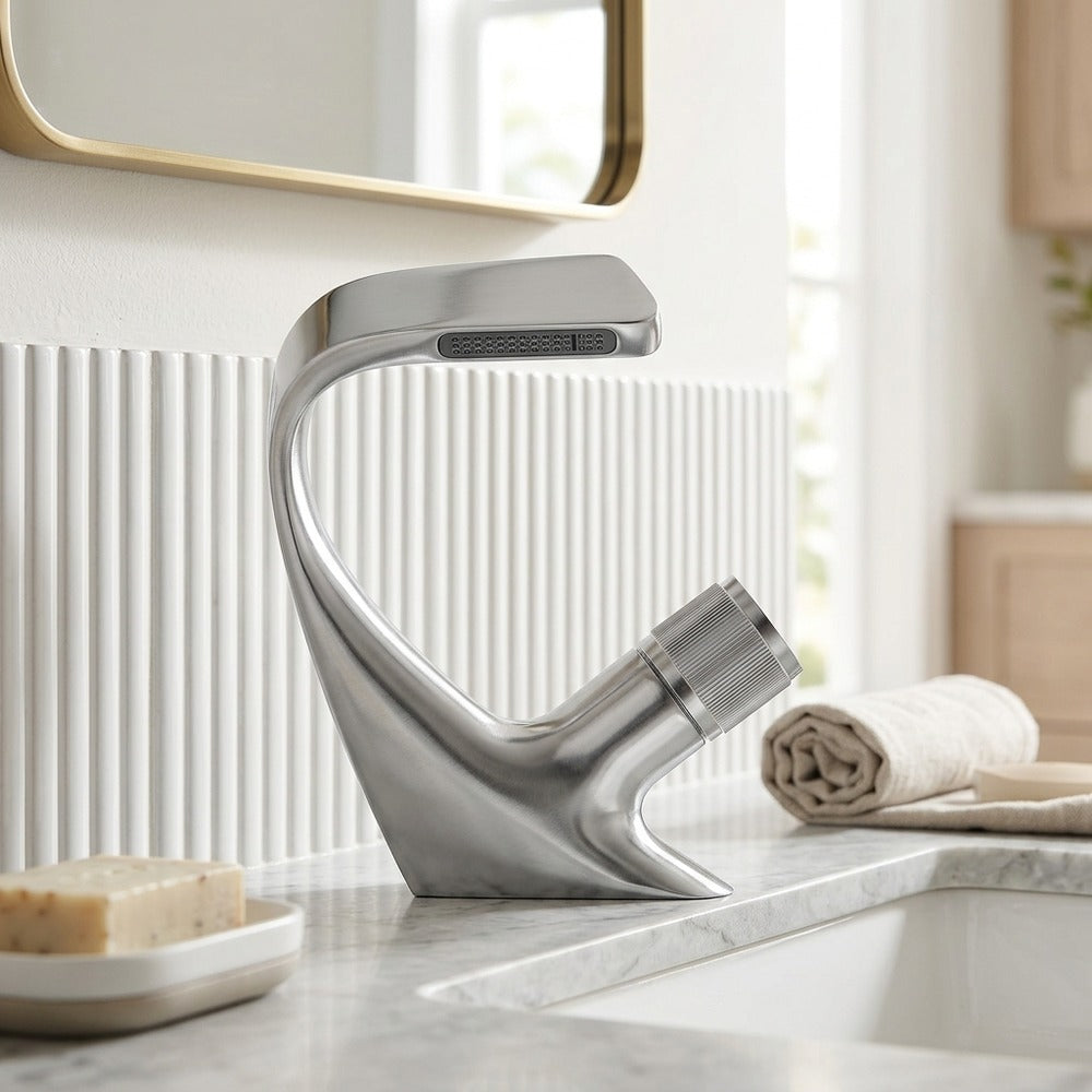 Lagomel waterfall single-hole bathroom faucet, set in a Modern/Minimalist bathroom