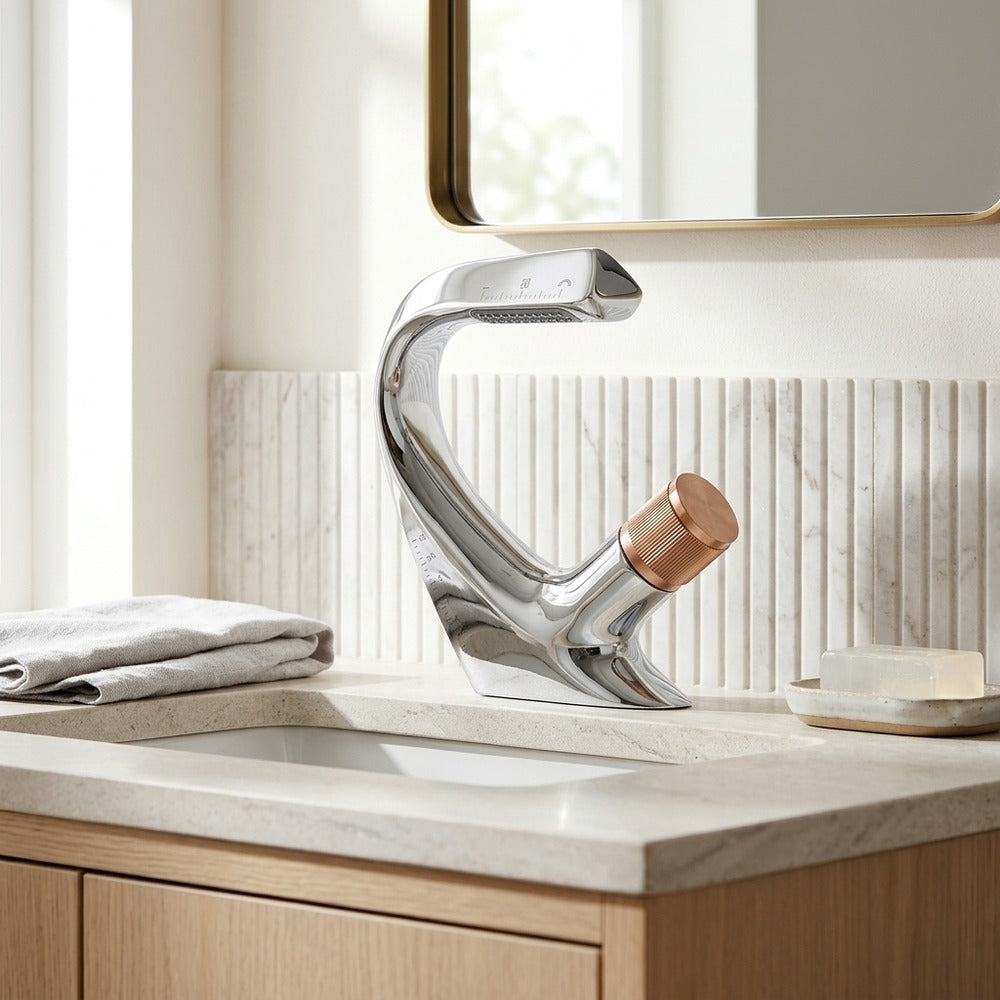 Lagomel waterfall single-hole bathroom faucet, set in a Modern/Minimalist bathroom