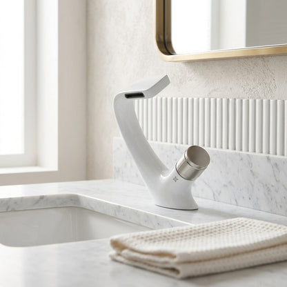 Lagomel waterfall single-hole bathroom faucet, set in a Modern/Minimalist bathroom