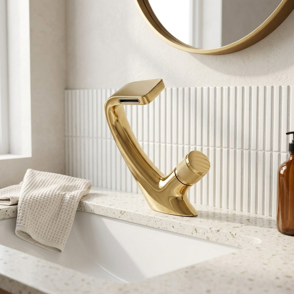 Lagomel waterfall single-hole bathroom faucet, set in a Modern/Minimalist bathroom