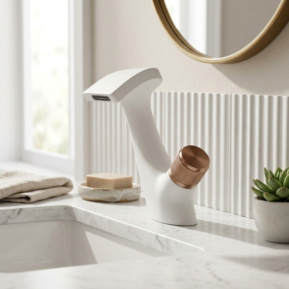Lagomel waterfall single-hole bathroom faucet, set in a Modern/Minimalist bathroom