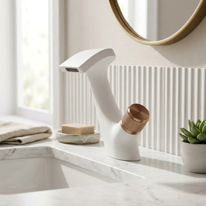 Lagomel waterfall single-hole bathroom faucet, set in a Modern/Minimalist bathroom