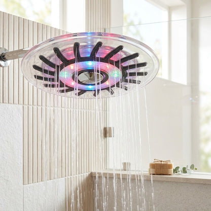 Lagomel rain shower head in chrome, set in a Contemporary bathroom