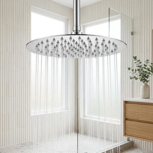 Lagomel rain shower head in stainless steel, set in a Modern/Contemporary bathroom