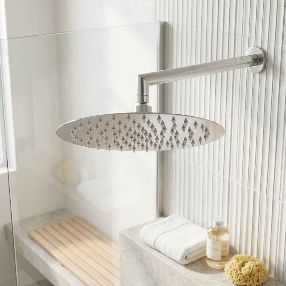 Lagomel rain shower head, set in a Modern/Contemporary bathroom