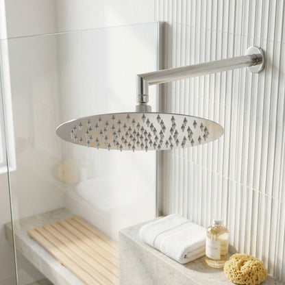 Lagomel rain shower head, set in a Modern/Contemporary bathroom