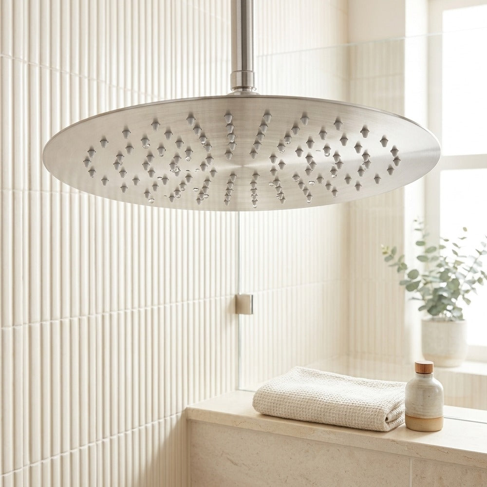 Lagomel rain shower head, set in a Modern/Contemporary bathroom
