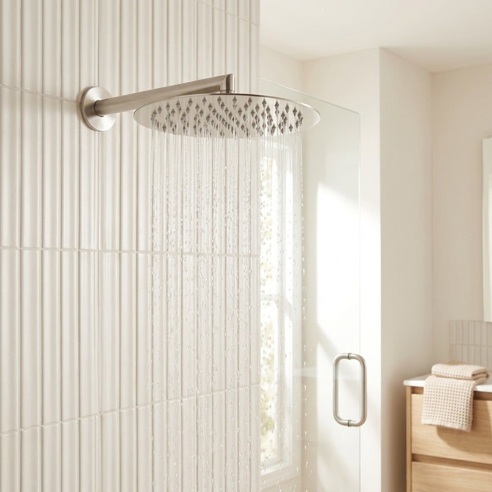 Lagomel rain shower head, set in a Modern/Contemporary bathroom