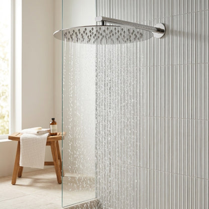 Lagomel rain shower head, set in a Modern/Contemporary bathroom