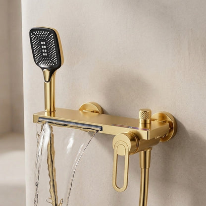 Lagomel waterfall single-handle wall-mount tub filler in brushed gold, matte black, matte white, chrome, gunmetal, set in a Modern/Minimalist bathroom