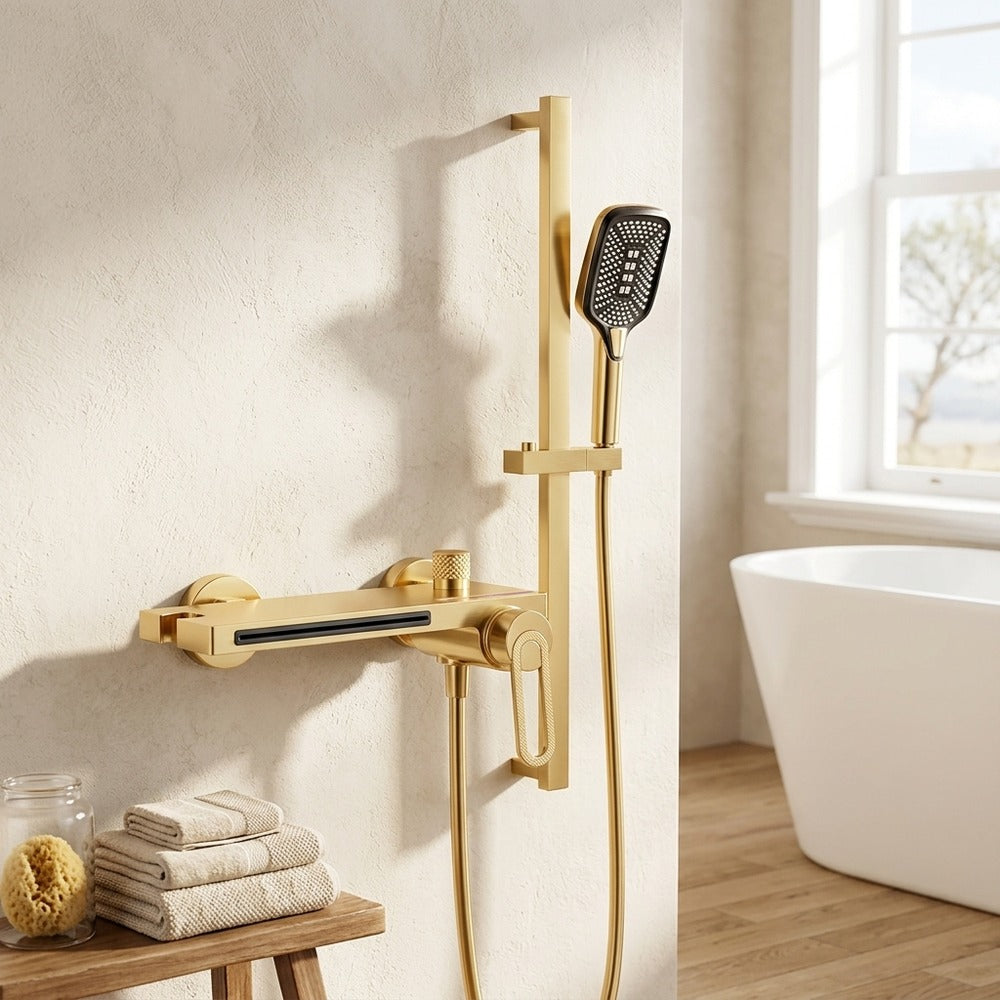 Lagomel waterfall single-handle wall-mount tub filler, set in a Modern/Minimalist bathroom