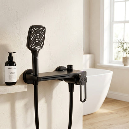 Lagomel waterfall single-handle wall-mount tub filler, set in a Modern/Minimalist bathroom