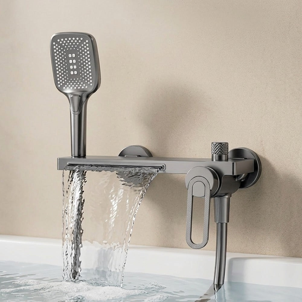 Lagomel waterfall single-handle wall-mount tub filler, set in a Modern/Minimalist bathroom