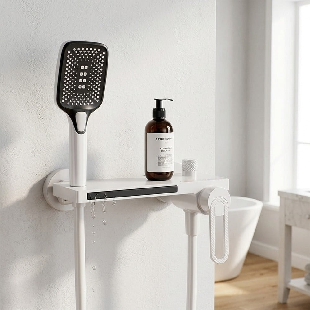 Lagomel waterfall single-handle wall-mount tub filler, set in a Modern/Minimalist bathroom