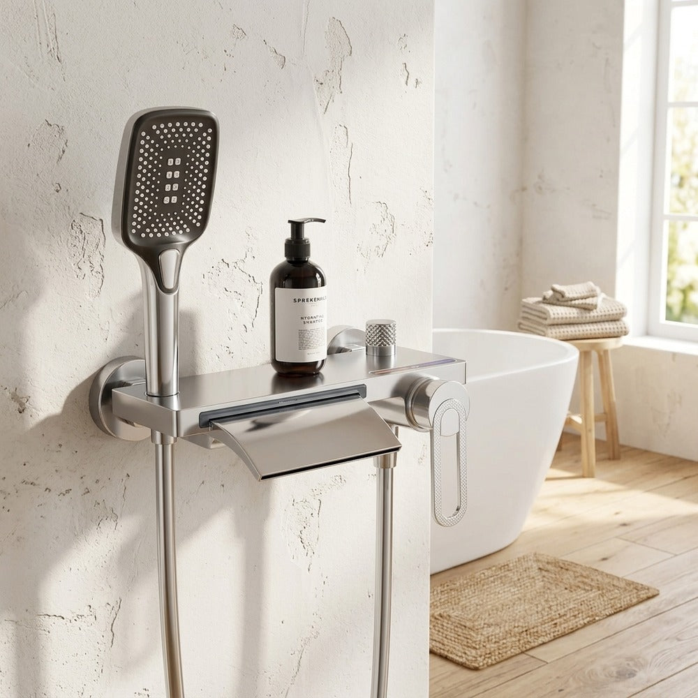 Lagomel waterfall single-handle wall-mount tub filler, set in a Modern/Minimalist bathroom