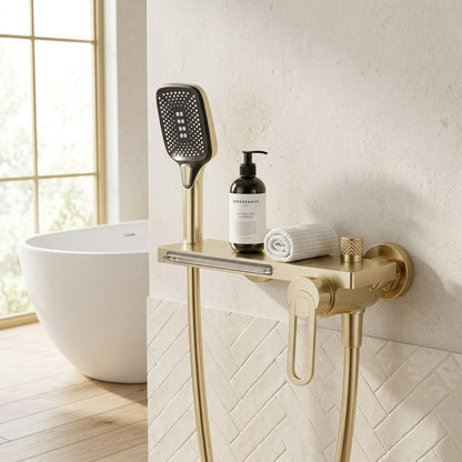 Lagomel waterfall single-handle wall-mount tub filler, set in a Modern/Minimalist bathroom