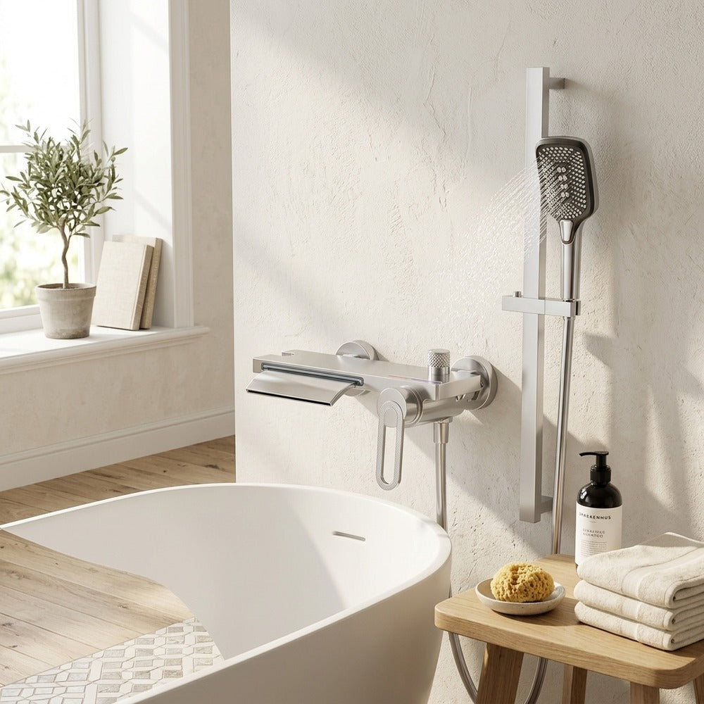 Lagomel waterfall single-handle wall-mount tub filler, set in a Modern/Minimalist bathroom
