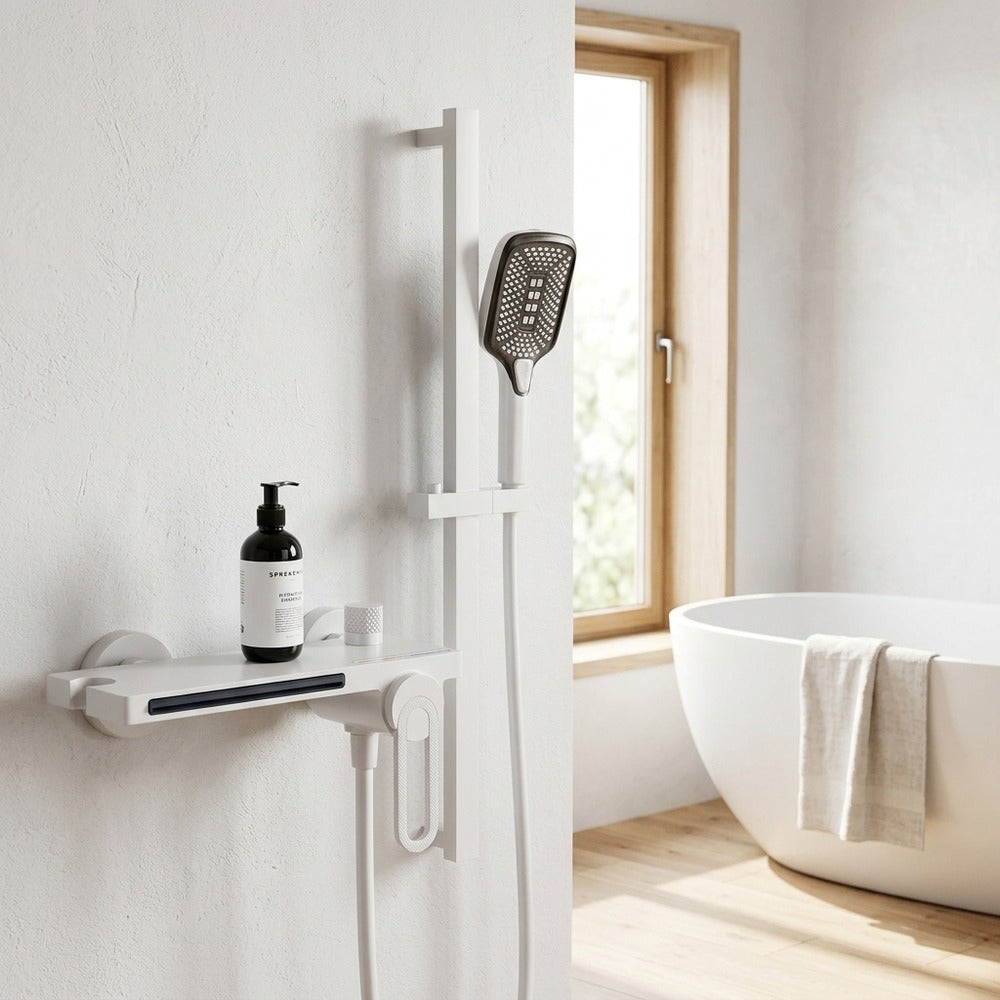 Lagomel waterfall single-handle wall-mount tub filler, set in a Modern/Minimalist bathroom
