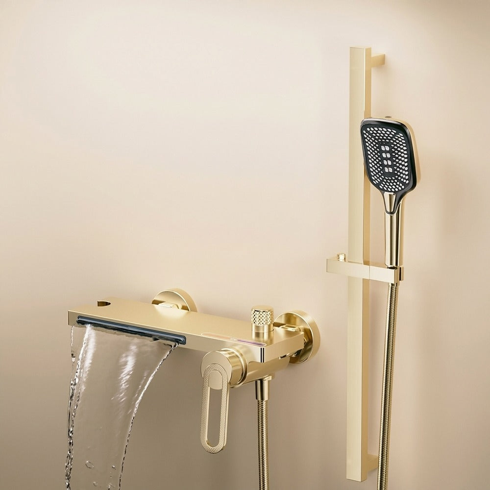 Lagomel waterfall single-handle wall-mount tub filler, set in a Modern/Minimalist bathroom