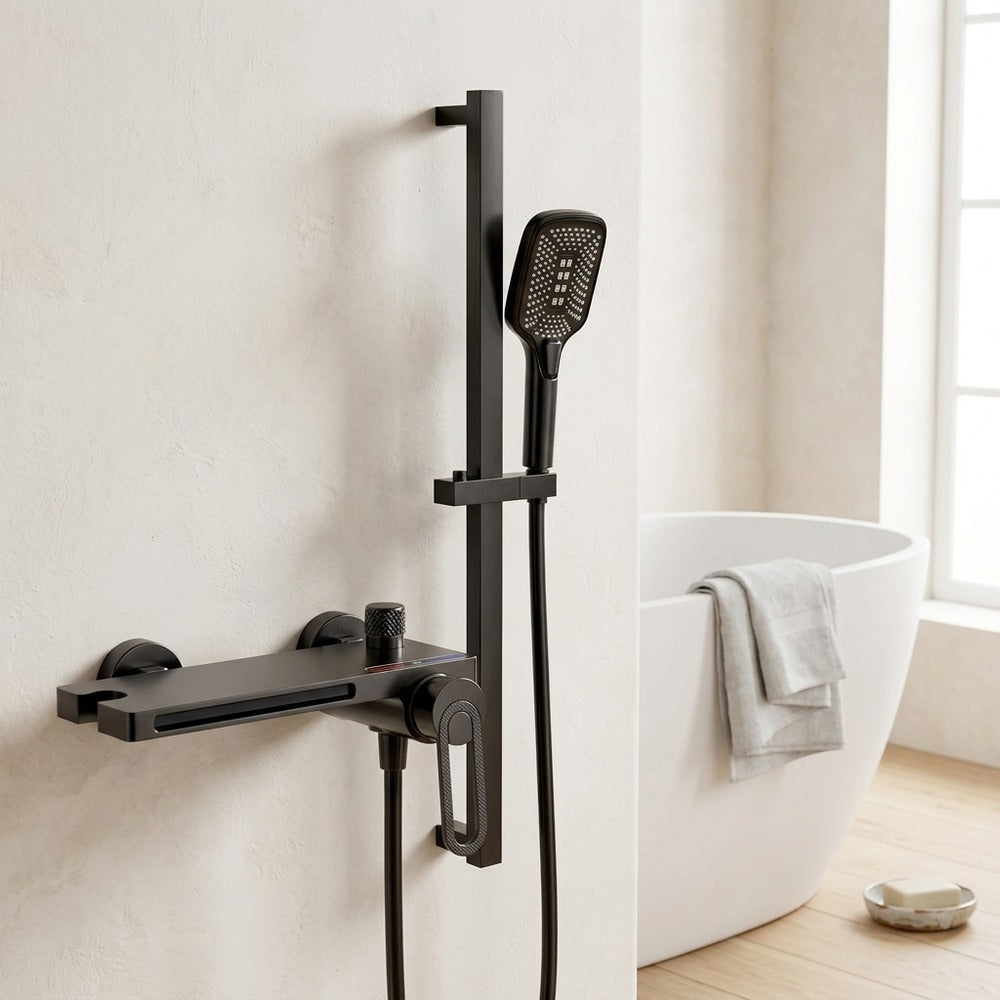 Lagomel waterfall single-handle wall-mount tub filler, set in a Modern/Minimalist bathroom